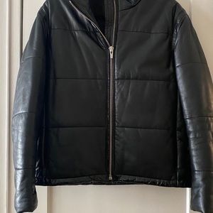 Veda black leather puffer jacket. Black. Patent leather trim. Size S.